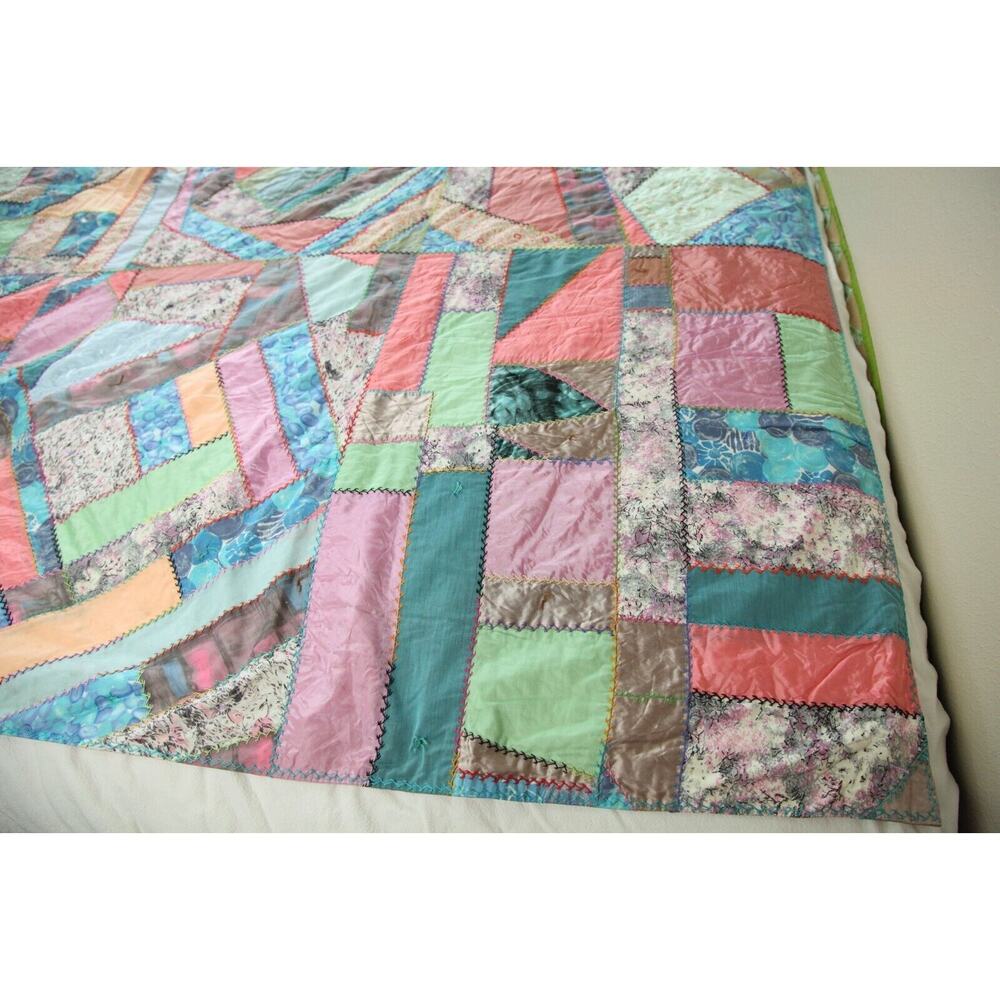 Vintage Crazy Quilt 86" x 69 Heavily Embroidered Pastel Colors Old Hand Tied - Picture 8 of 16